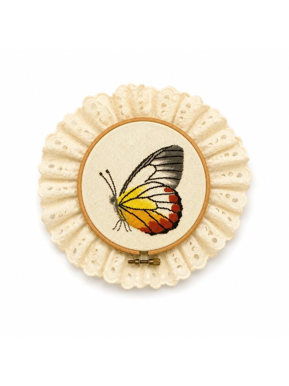 Cross Stitch Butterfly on Hoop l with Lace Wall Decor Handmade Vintage Gallery A